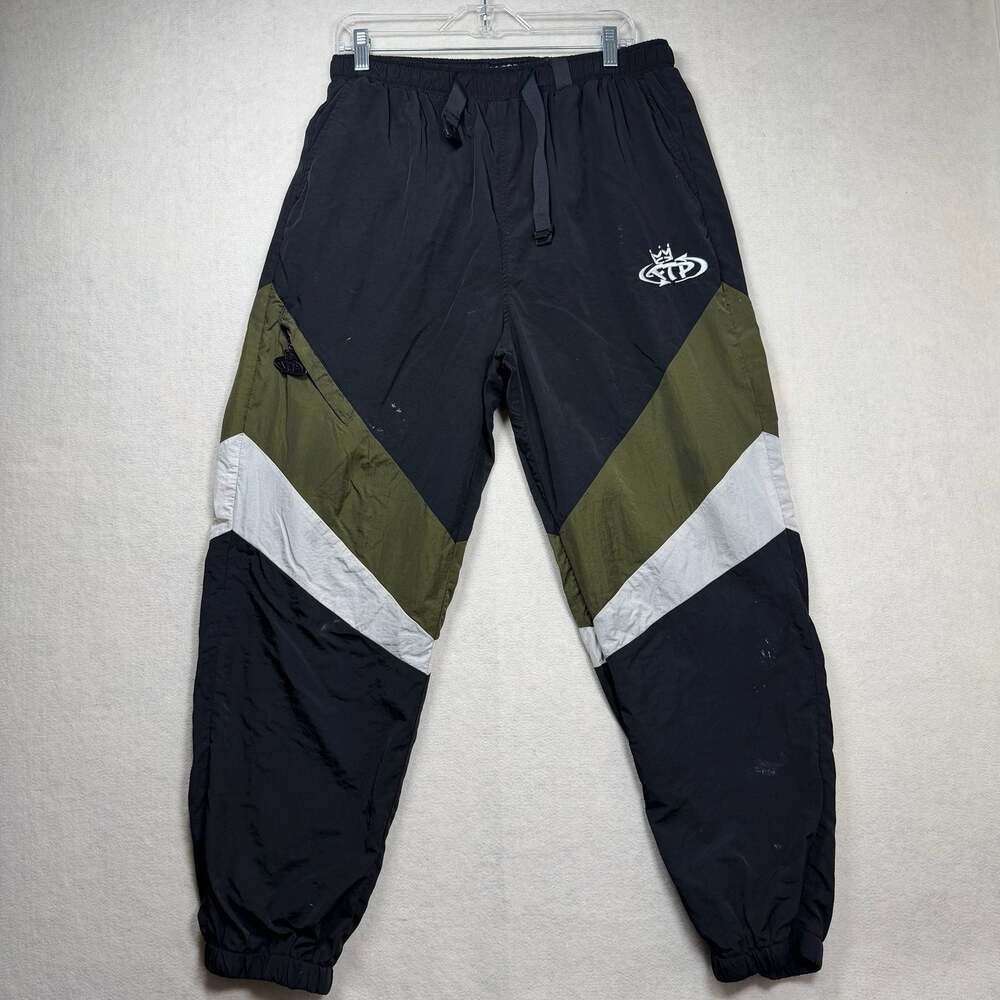 FTP Pants Mens Size XL Colorblock Nylon Warm-Up Black Olive White Nylon Flaws